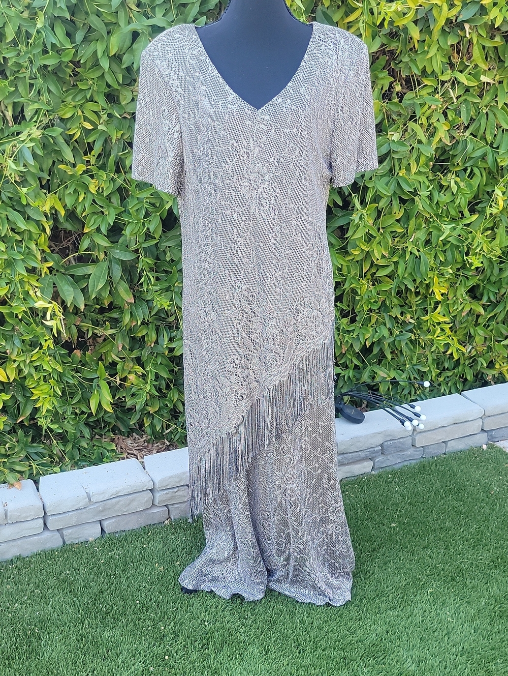 Vintage 90s Elegant V-Neck Metallic Fringe Flapper Style Evening Dress